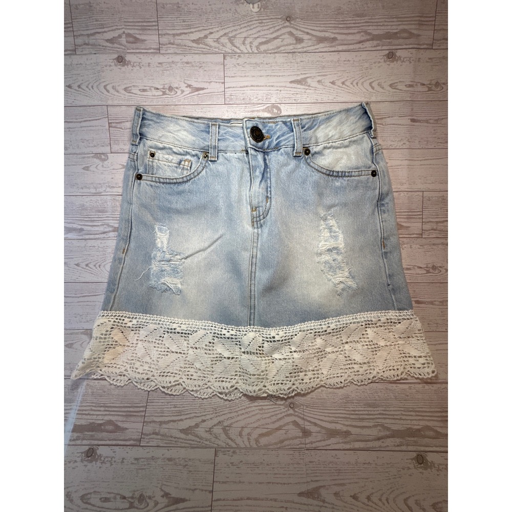 Siberian Denim Mini Skirt Women 38 Light Blue Lace Hem Distressed